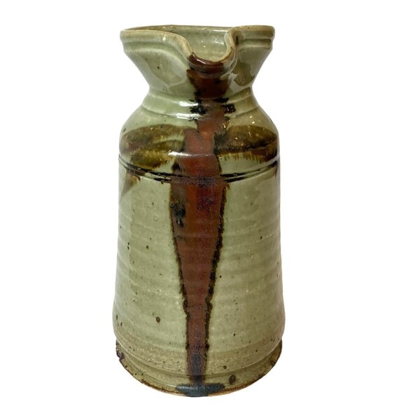 VTG Stoneware Studio Speckled Drip Glaze Beige, Maroon Brown TALL Pitcher - Picture 2 of 14